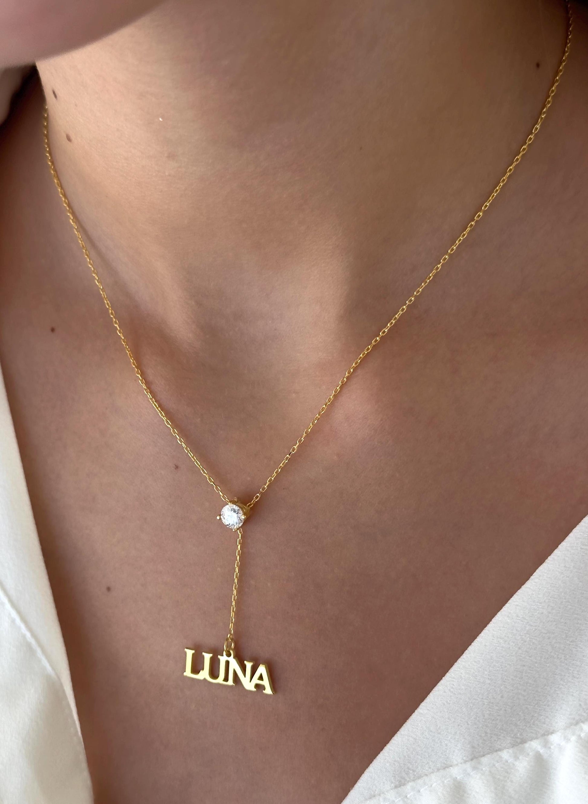 Custom Name Lariat Necklace: Personalized Y Drop, Solitaire Diamond Pendant Minimalist Jewelry Gift