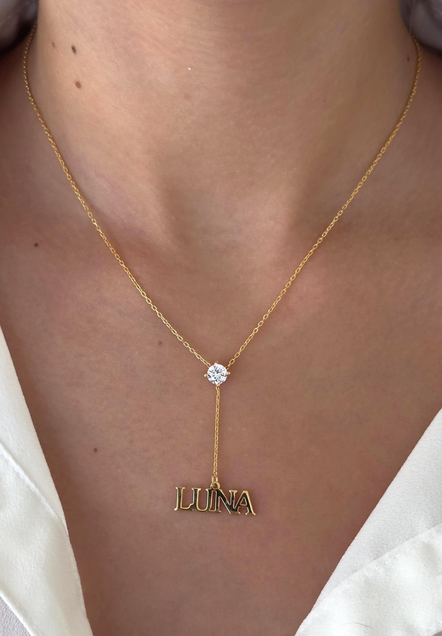 Custom Name Lariat Necklace: Personalized Y Drop, Solitaire Diamond Pendant Minimalist Jewelry Gift