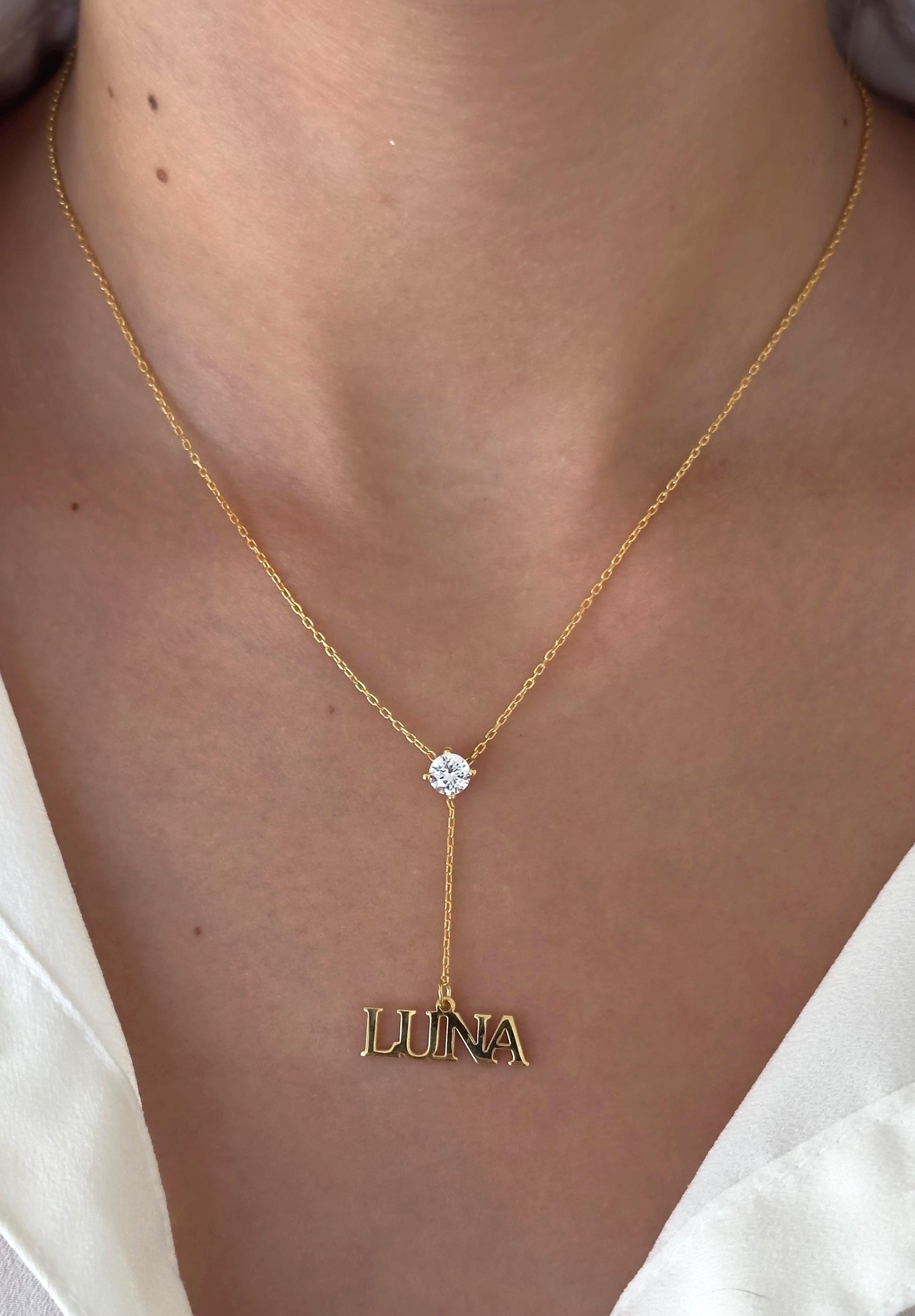 Custom Name Lariat Necklace: Personalized Y Drop, Solitaire Diamond Pendant Minimalist Jewelry Gift