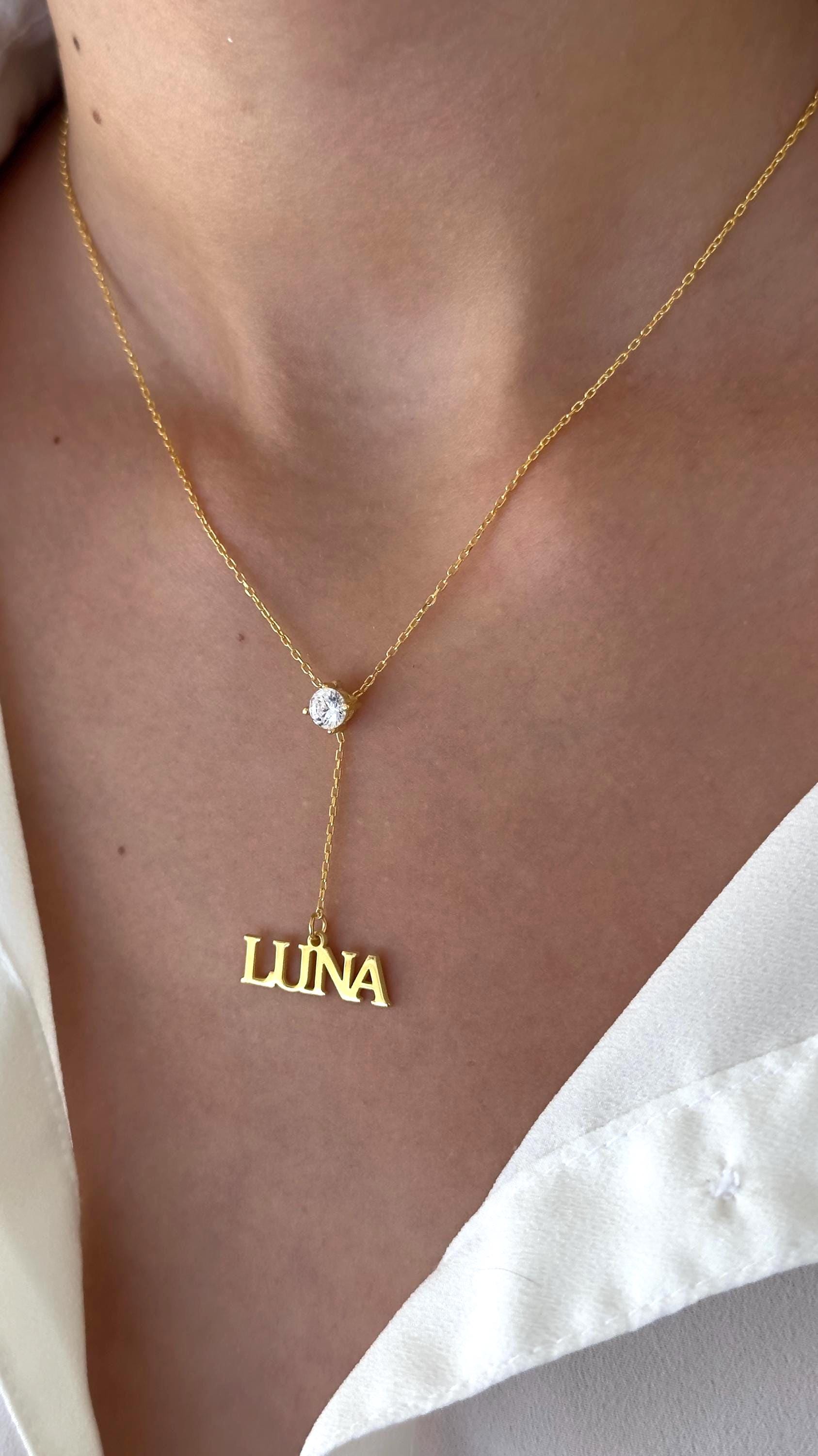 Custom Name Lariat Necklace: Personalized Y Drop, Solitaire Diamond Pendant Minimalist Jewelry Gift