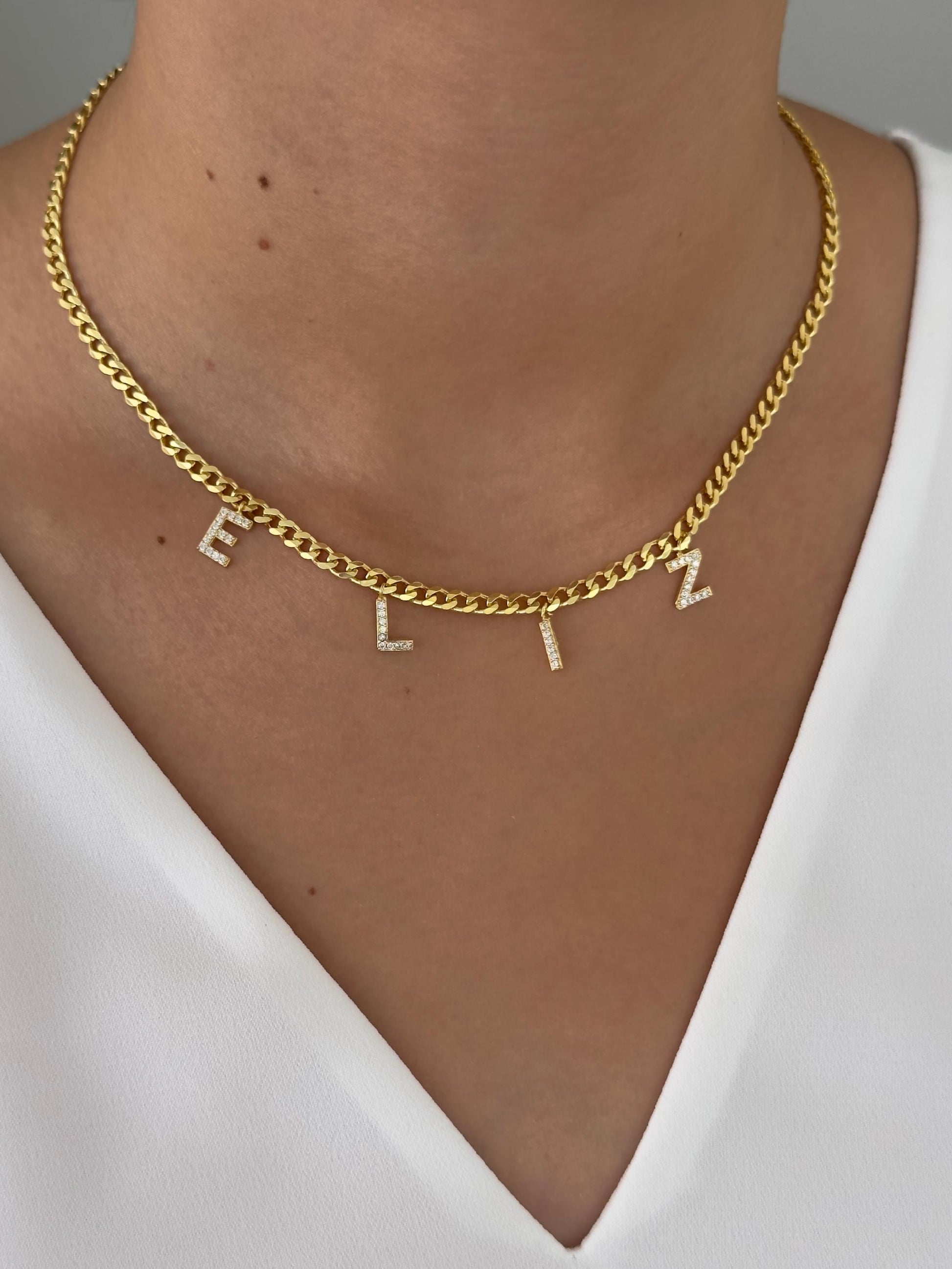 Custom Name Necklace - CZ Diamond Initial Letter Pendant, 3.5mm Miami Curb Chain 925 Sterling Silver, 14K Gold Plated Personalized Jewelry Gift for her