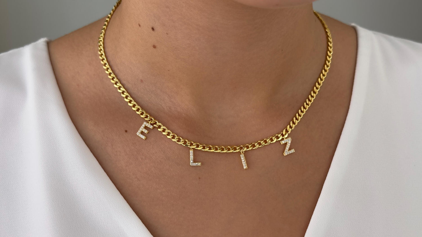 Custom Name Necklace, Initial Letter Pave Diamond Necklace, Personalized Gemstone Necklace, 3.5mm Curb Chain 14k Gold Plated, Gift for Her, Handmade Jewelry 925 Sterling Silver