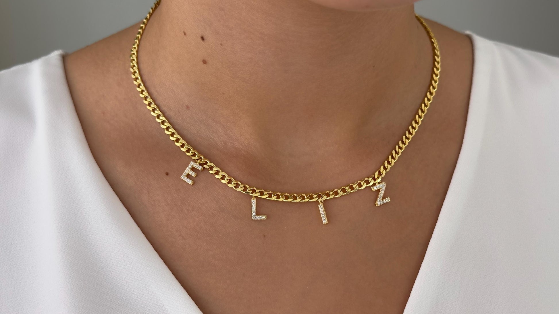 Custom Name Necklace, Initial Letter Pave Diamond Necklace, Personalized Gemstone Necklace, 3.5mm Curb Chain 14k Gold Plated, Gift for Her, Handmade Jewelry 925 Sterling Silver