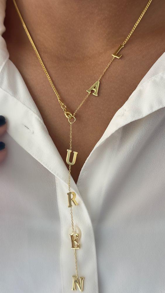Personalized Y drop name necklace with custom letters in gold