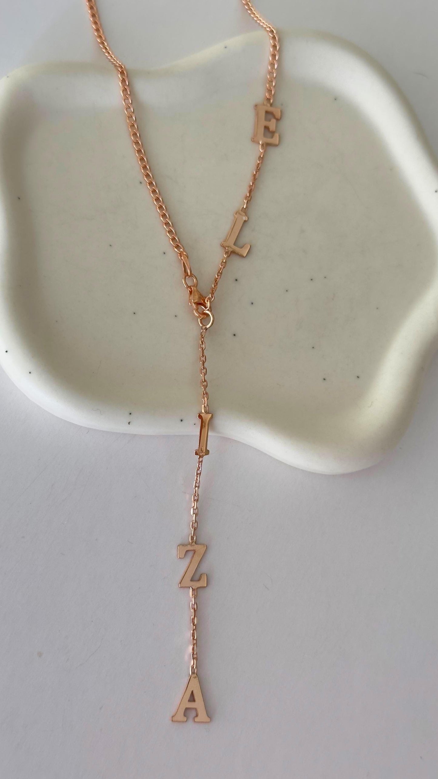 Lariat name necklace rose gold jewelry handmade