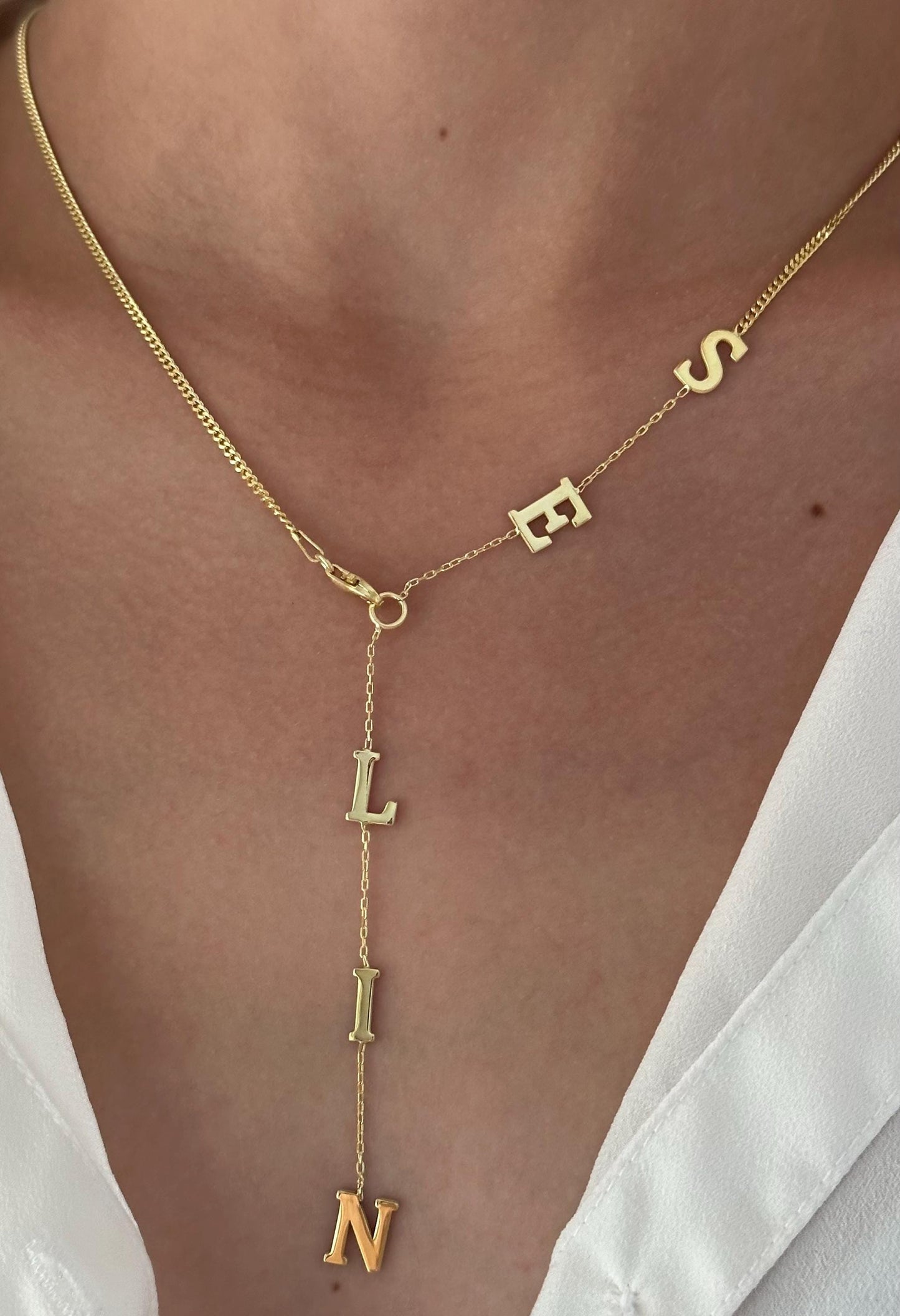 Personalized gold lariat name necklace with vertical drop letters, custom Y necklace gift for her