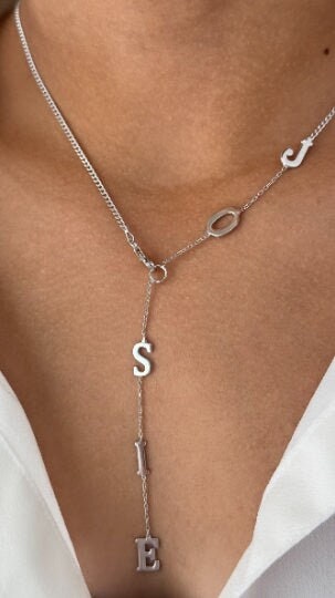 Sterling silver lariat name necklace with vertical drop initials