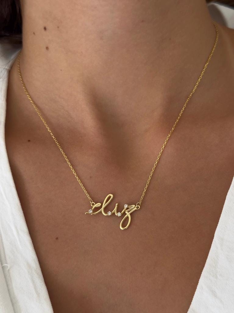 Custom Name Necklace: Signature Handwriting Solitaire Diamond Pendant, Personalized Jewelry Gift