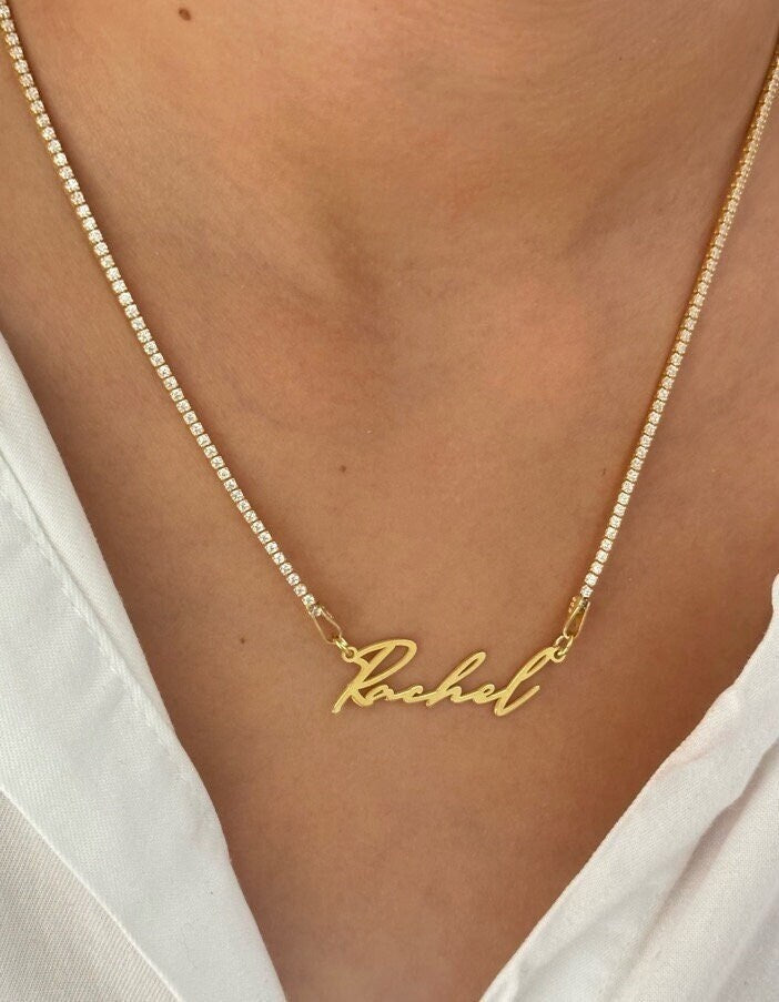 Custom name tennis necklace with CZ diamond tennis chain in gold, rose gold, and silver, personalized jewelry gift for women