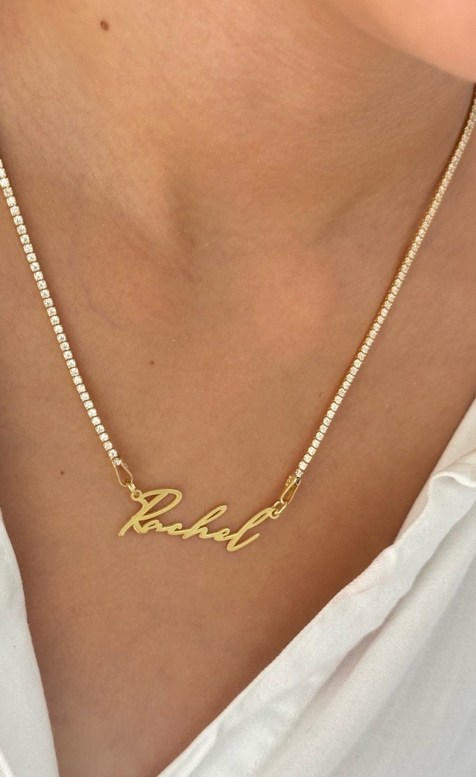 Woman wearing custom name tennis necklace, elegant personalized jewelry perfect for everyday wear or special occasions