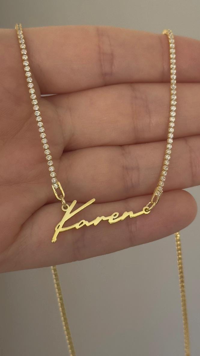 Custom Name Tennis Necklace: 14K Gold Plated Sterling Silver CZ Diamond