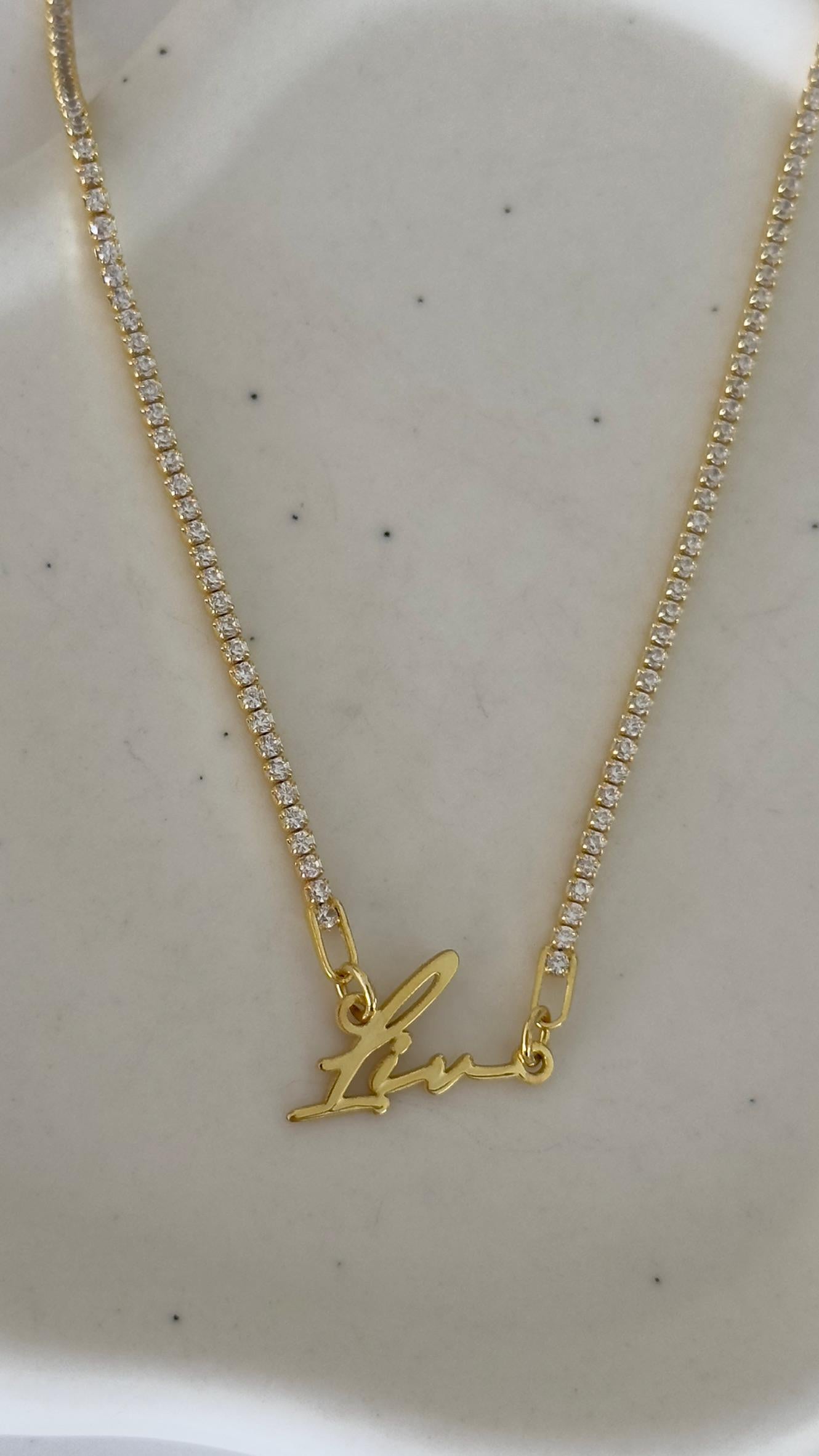 Custom Name Tennis Necklace: 14K Gold Plated Sterling Silver CZ Diamond