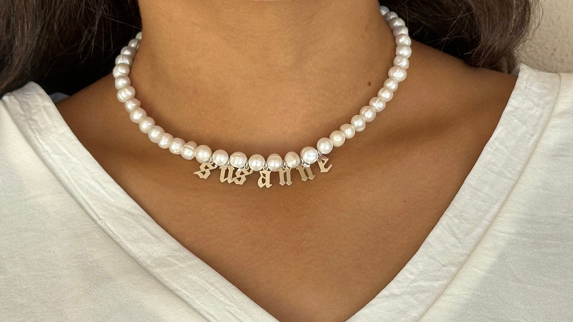 Personalized Pearl Name Necklace, Pearl Choker, Custom Name Necklace, Natural Freshwater Pearls, 925 Sterling Silver 14k Gold Plated Jewelry Gifts women girls
