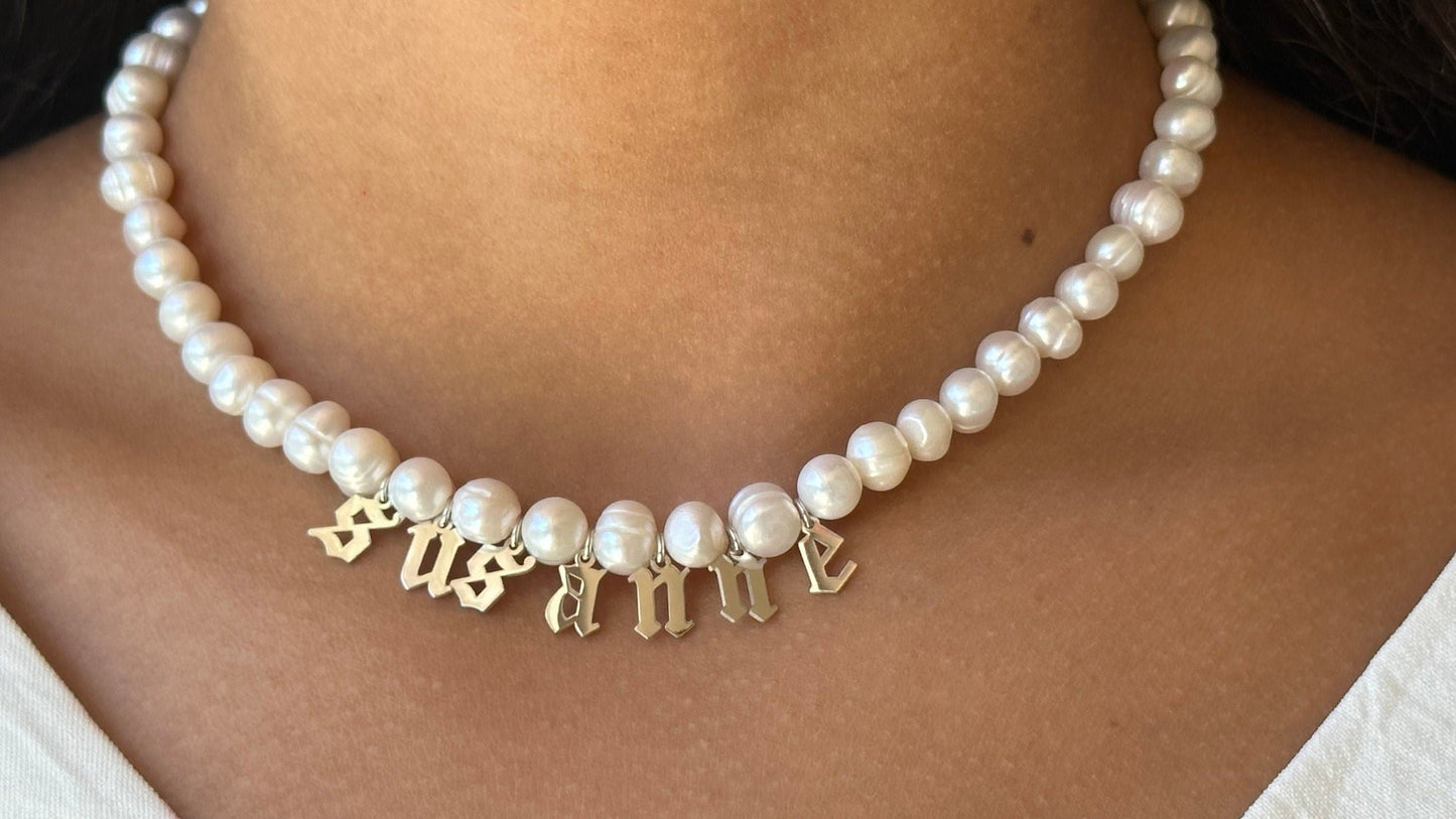 Custom Pearl Name Necklace: Gold Initial Letter Pendant Freshwater Pearls Choker Personalized Jewelry