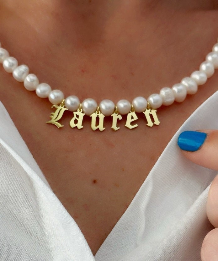 Custom Pearl Name Necklace: Gold Initial Letter Pendant Freshwater Pearls Choker Personalized Jewelry
