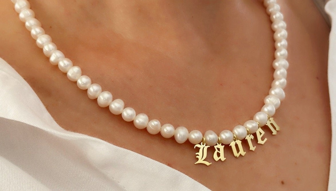 Custom Pearl Name Necklace: Gold Initial Letter Pendant Freshwater Pearls Choker Personalized Jewelry