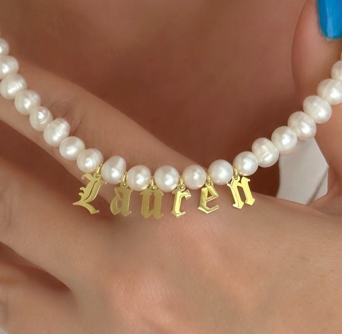 Custom Pearl Name Necklace: Gold Initial Letter Pendant Freshwater Pearls Choker Personalized Jewelry