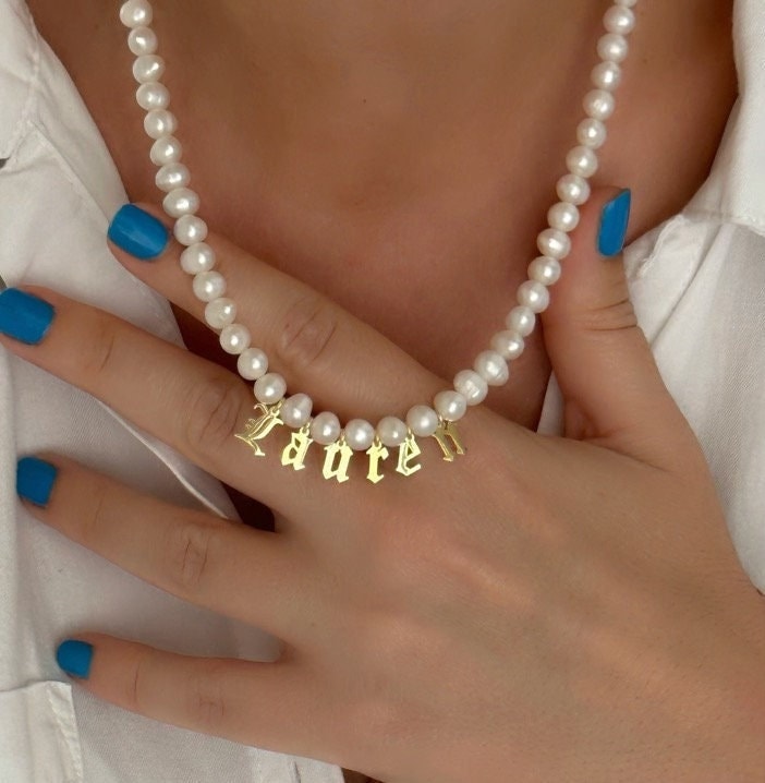 Custom Pearl Name Necklace: Gold Initial Letter Pendant Freshwater Pearls Choker Personalized Jewelry