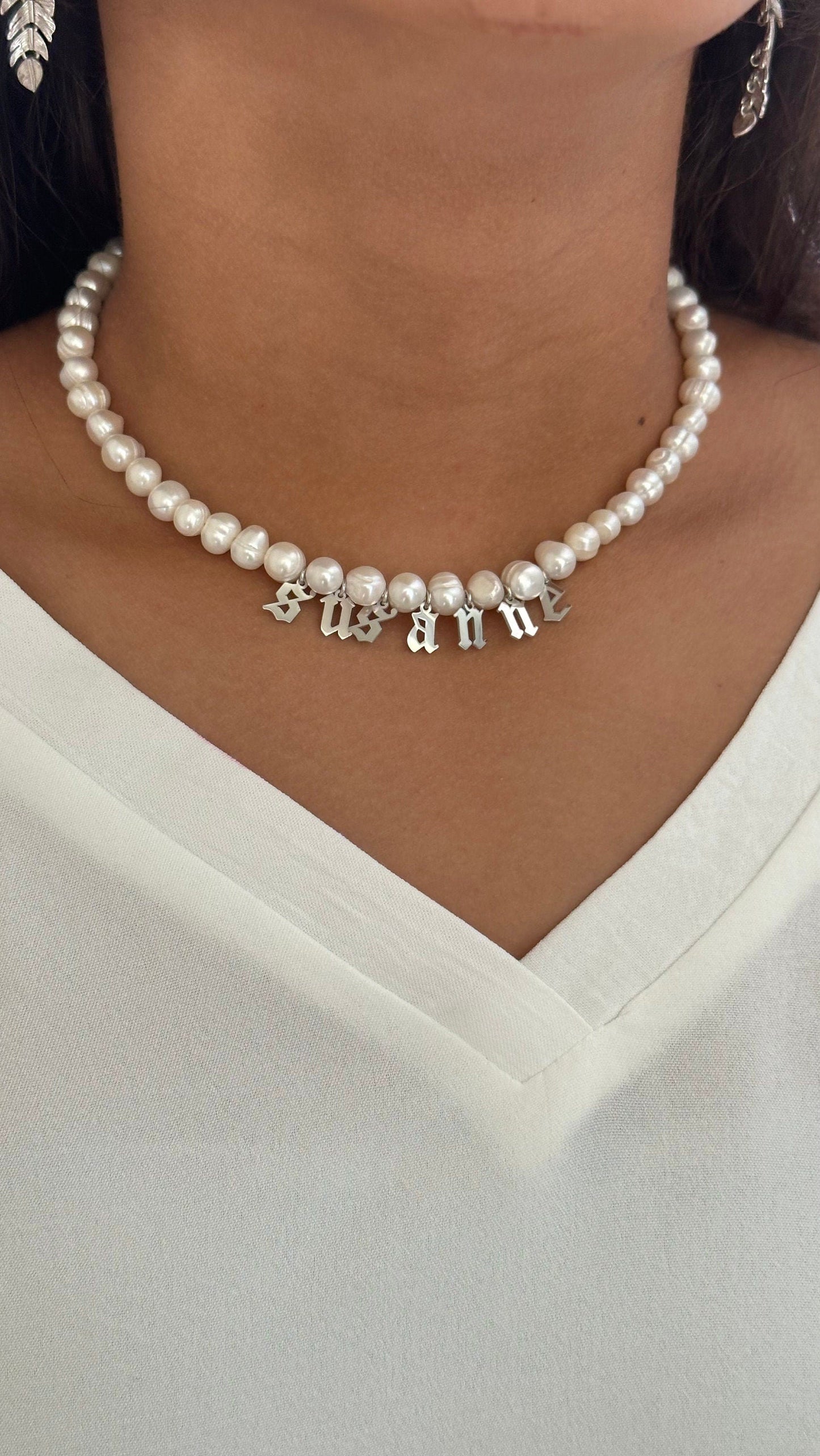 Custom Pearl Name Necklace: Gold Initial Letter Pendant Freshwater Pearls Choker Personalized Jewelry