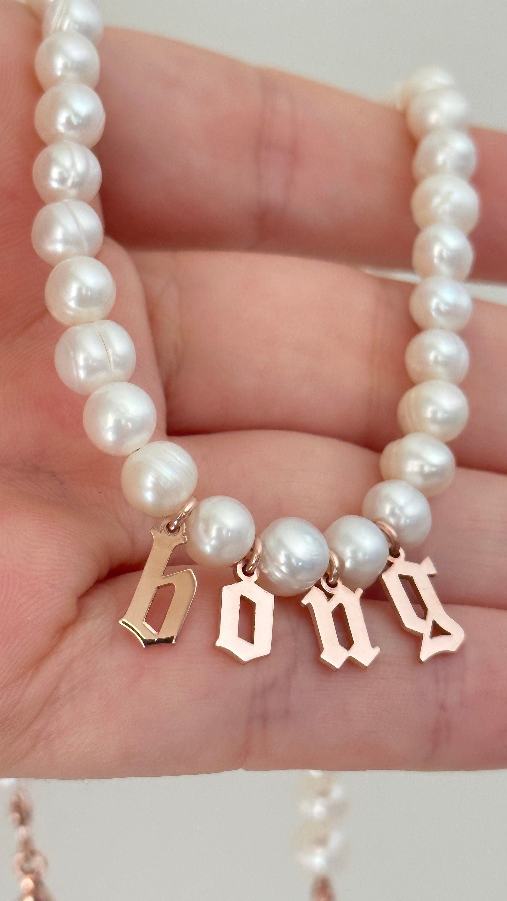 Custom Pearl Name Necklace: Gold Initial Letter Pendant Freshwater Pearls Choker Personalized Jewelry