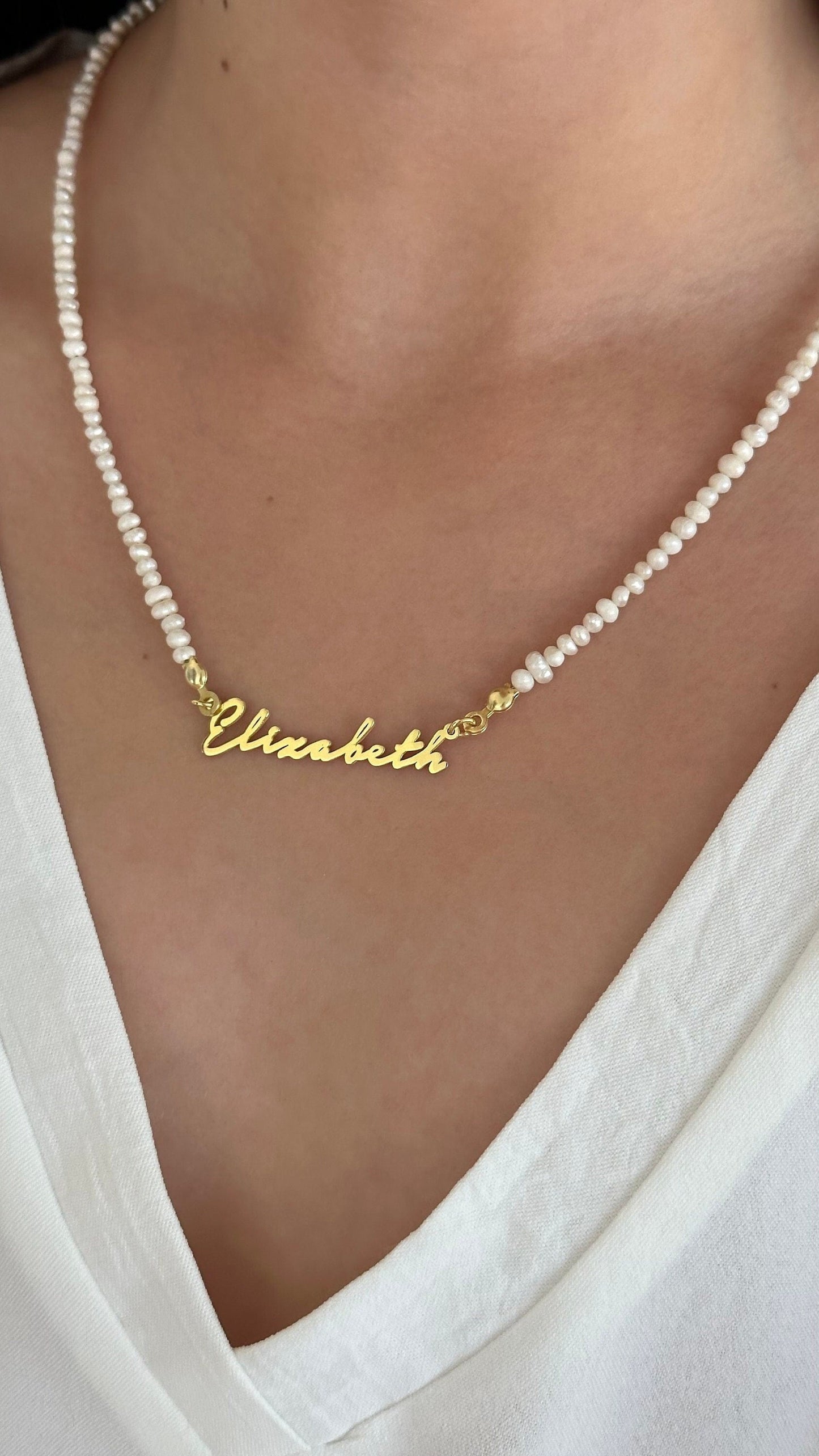 Dainty Pearl Name Necklace, Signature Necklace, Nameplate Necklace, Personalized Gifts Women, Custom Pearl Jewelry 14k Gold 925 Sterling Silver Handmade Jewelry