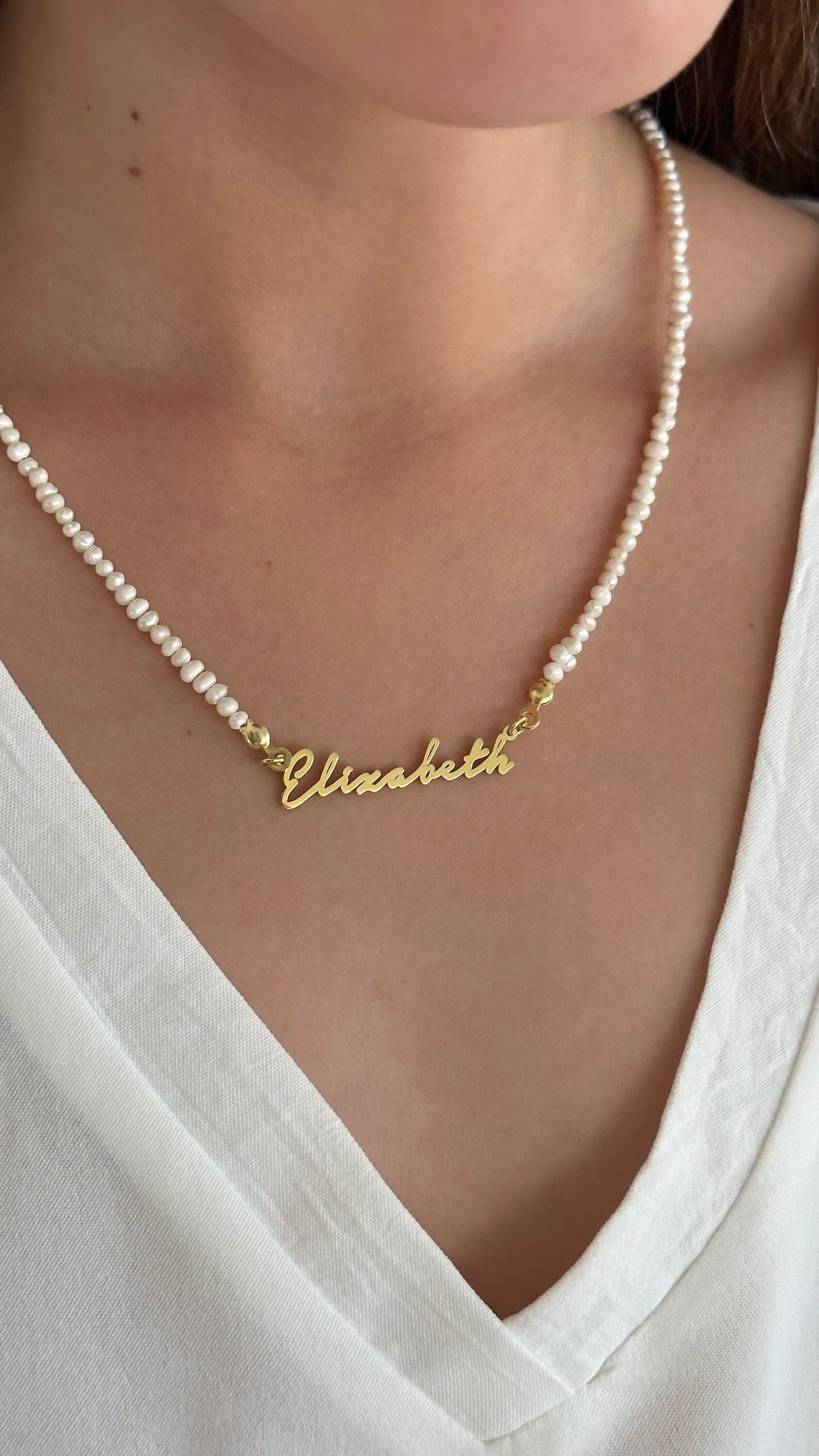 Custom Pearl Name Necklace: 14k Gold Plated Sterling Silver Nameplate Pendant Personalized Jewelry Gift