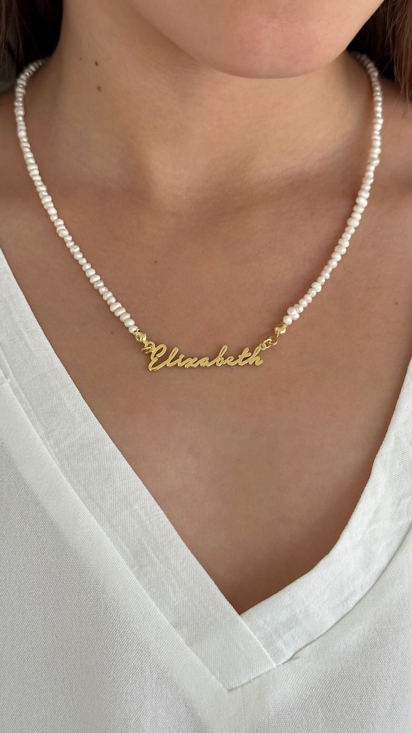 Custom Pearl Name Necklace: 14k Gold Plated Sterling Silver Nameplate Pendant Personalized Jewelry Gift