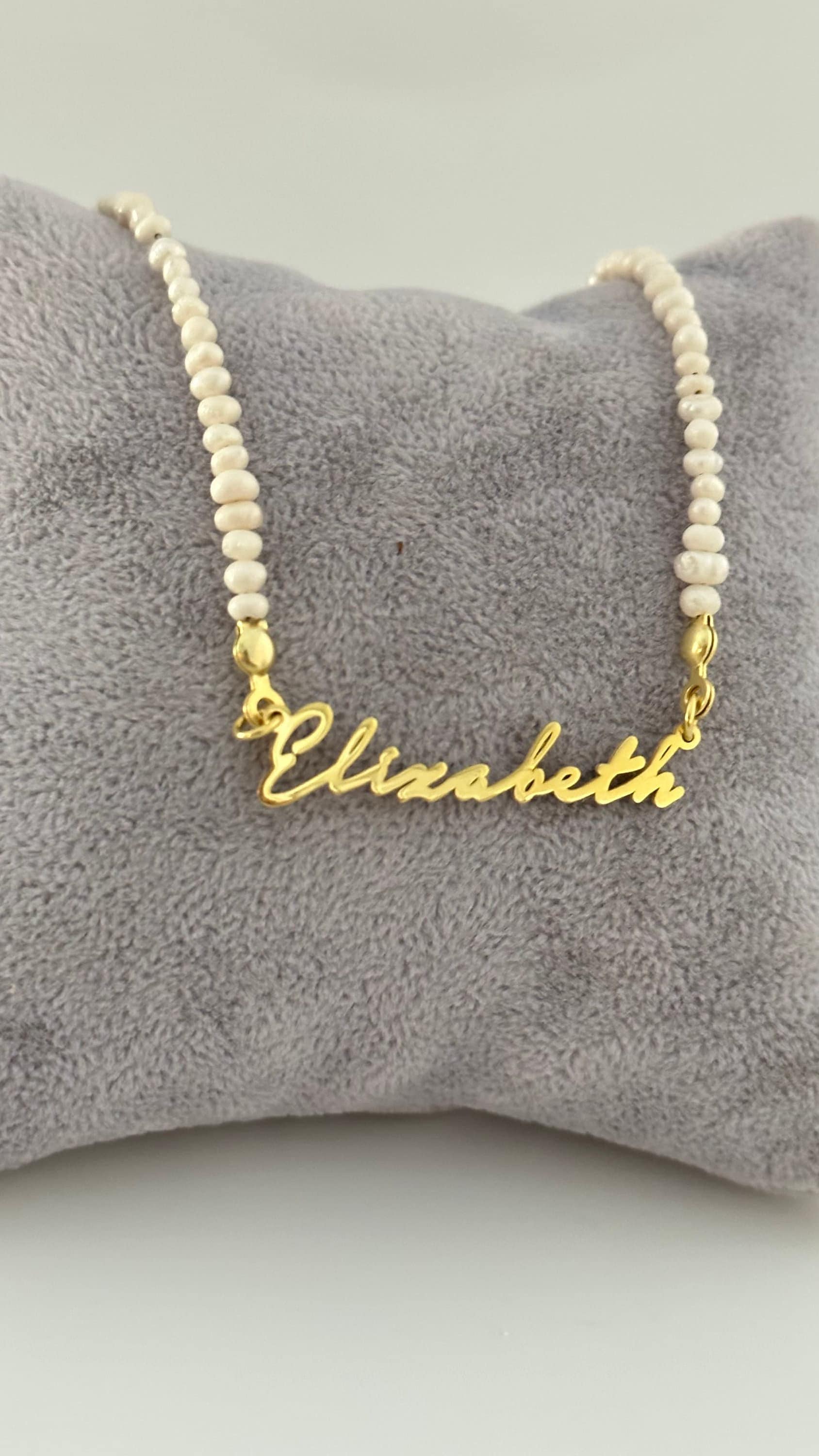 Custom Pearl Name Necklace: 14k Gold Plated Sterling Silver Nameplate Pendant Personalized Jewelry Gift