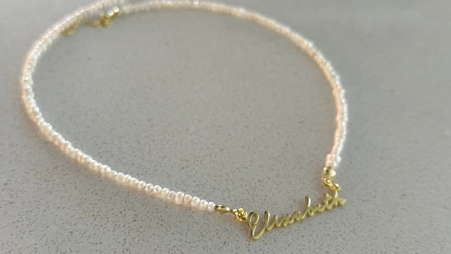 Custom Pearl Name Necklace: 14k Gold Plated Sterling Silver Nameplate Pendant Personalized Jewelry Gift