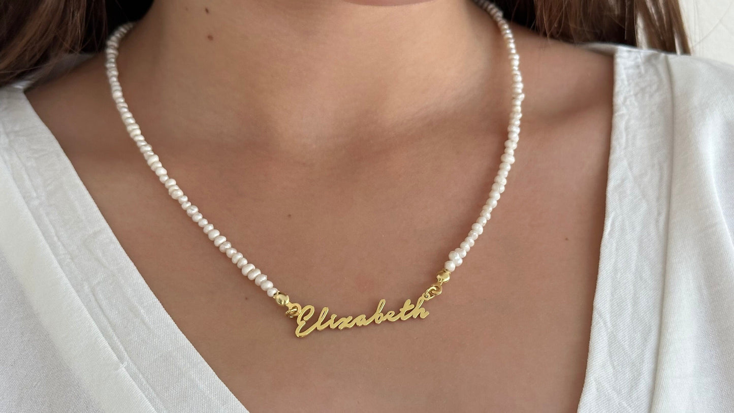 Custom Pearl Name Necklace: 14k Gold Plated Sterling Silver Nameplate Pendant Personalized Jewelry Gift