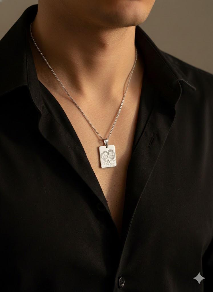Custom pet photo necklace engraved on silver pendant.