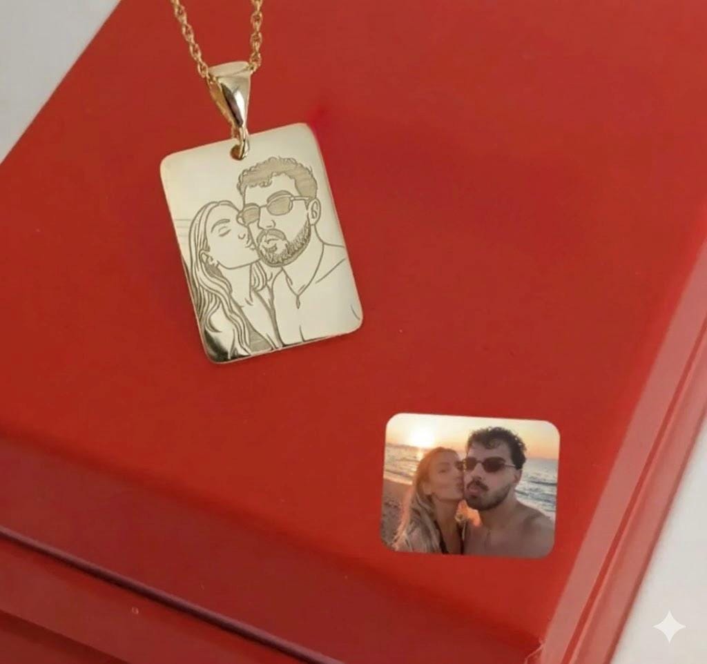 Engraved memorial photo necklace with portrait image.