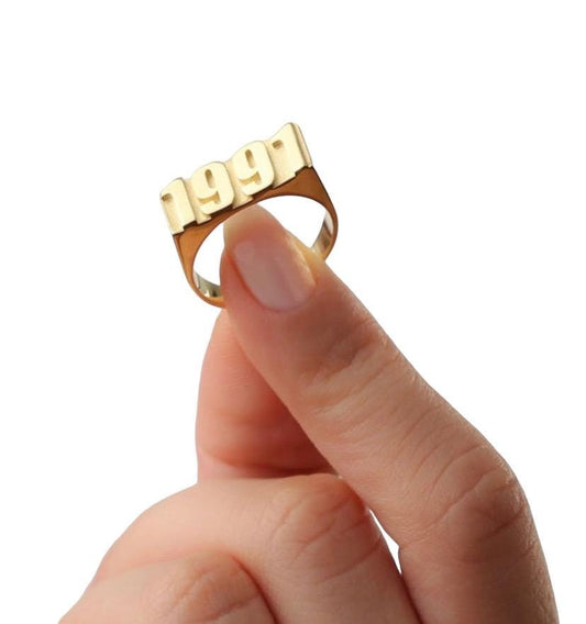 Custom gold year ring on sterling silver band with bold number design personalized jewelry