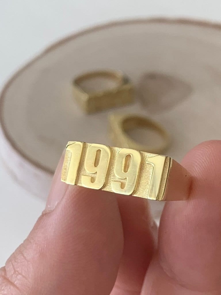Custom Sterling Silver Year Ring: 14K Gold Plated Number Ring