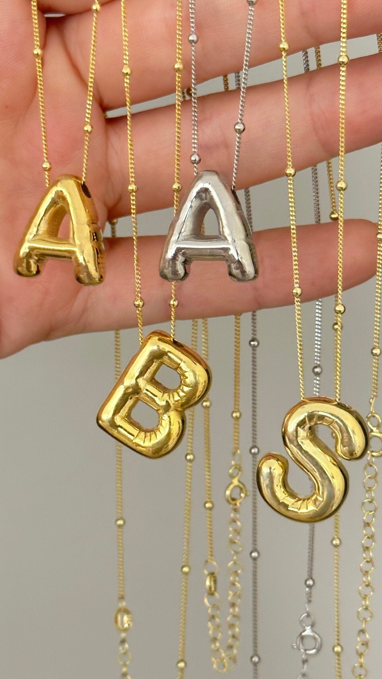 3D Sterling Silver Balloon Letter Necklace: Puffed Custom Initial Pendant personalized Jewelry Gifts