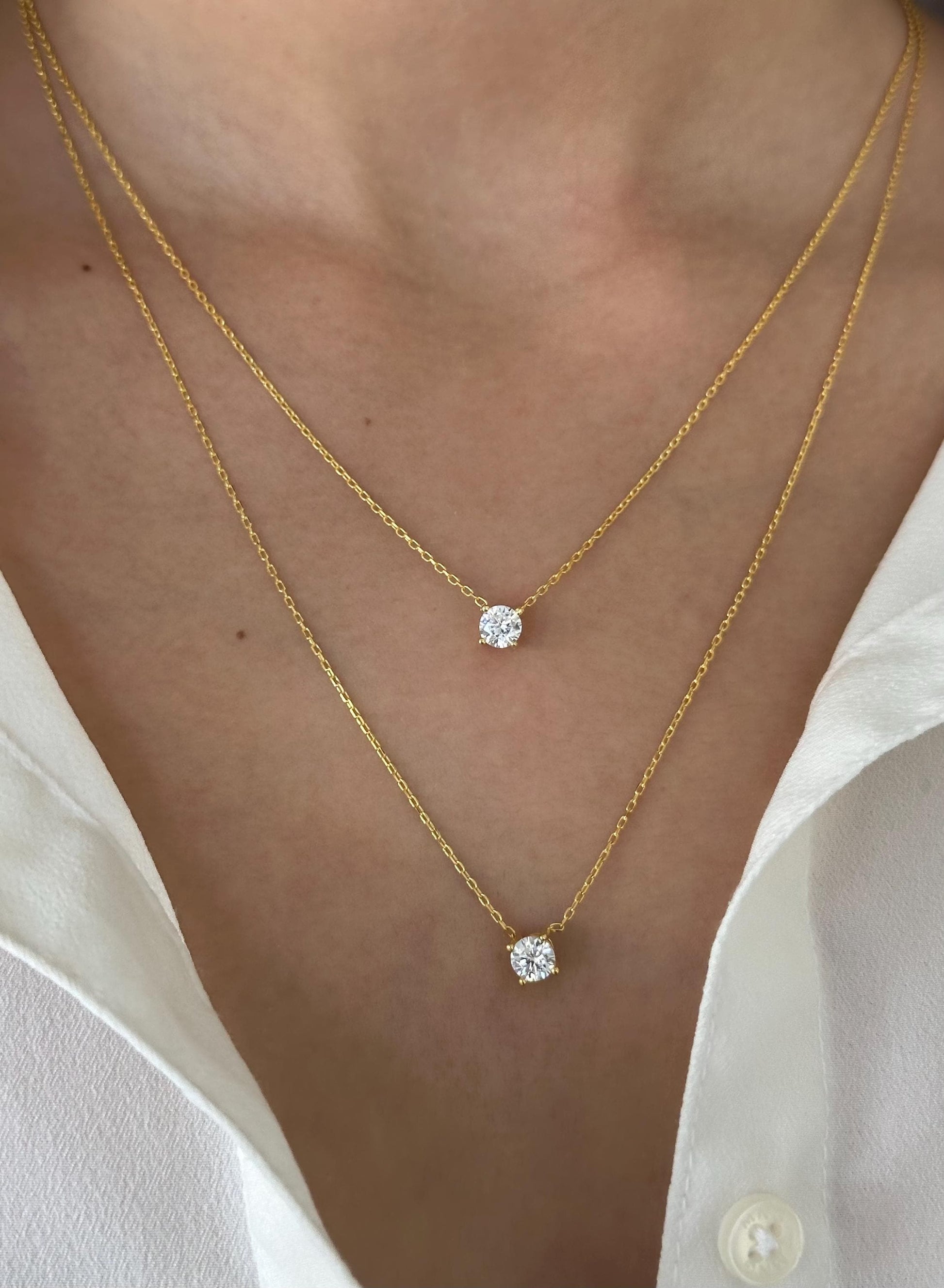 Dainty Layered necklace set with two solitaire diamonds - two chain necklaces, 14k gold 925 Sterling Silver jewelry gifts for women, girls, girlfriend, wife, bridesmaid