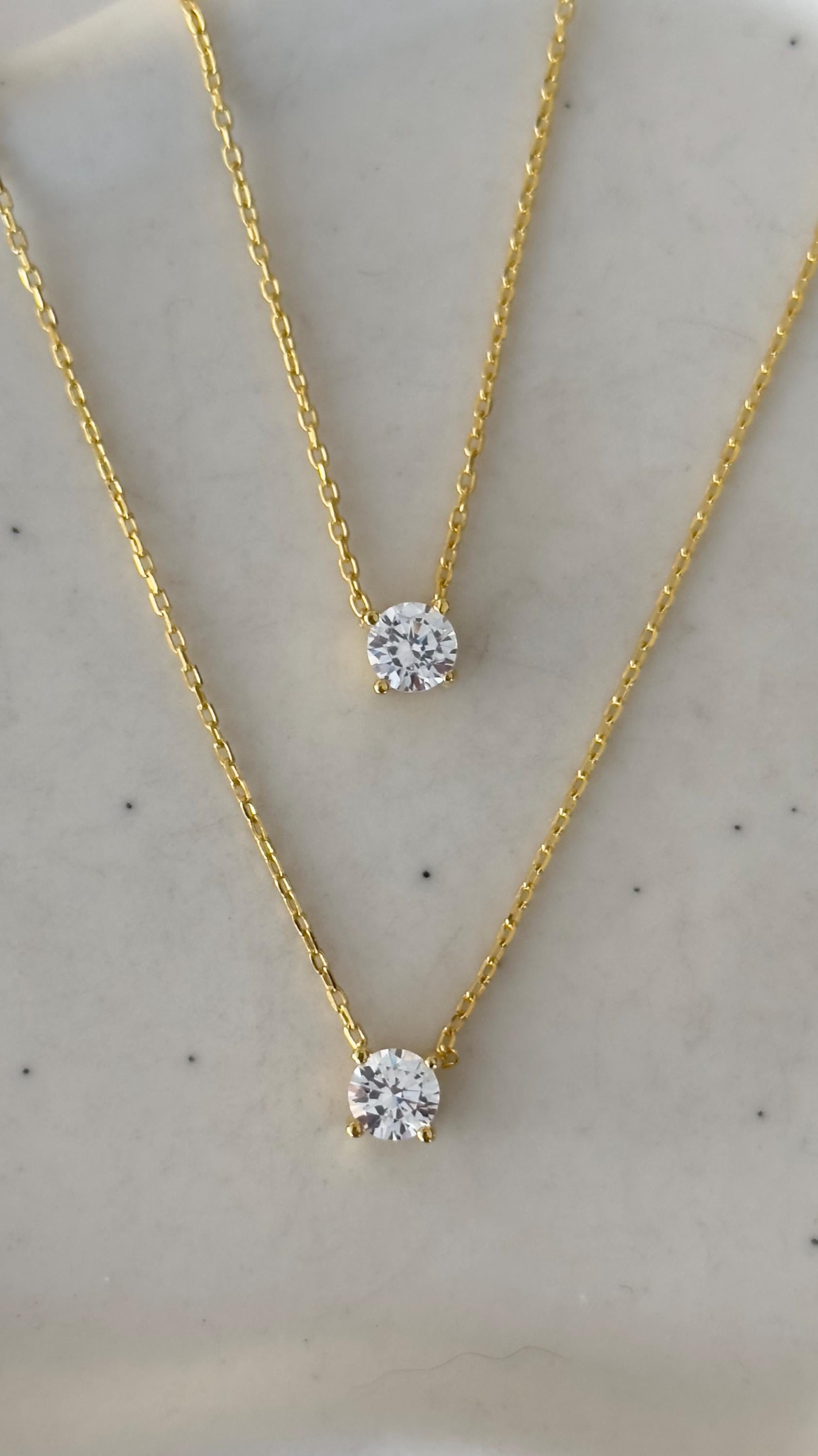 Dainty CZ Diamond Necklace Set: Layered Necklaces  Solitaire Pendant 14k Gold Plated Sterling Silver