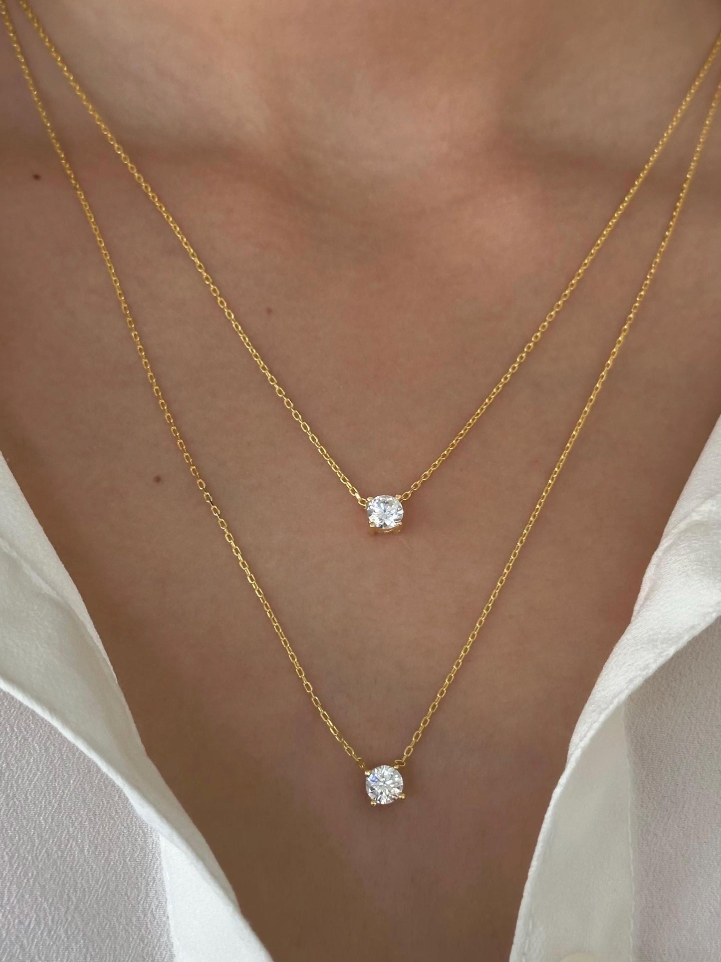 Dainty Layered Necklace Set, Solitaire Diamond CZ Necklace, 14k Gold Plated 925 Sterling Silver, Layering Necklaces, Jewelry Gifts for Women