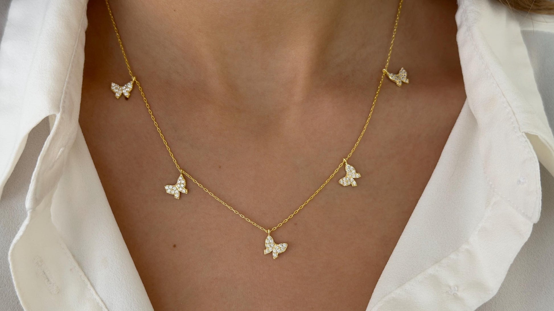 Butterfly Necklace CZ Gemstone Diamond pendant 14k gold plated 925 sterling silver Layering handmade Jewelry Gift for women girls