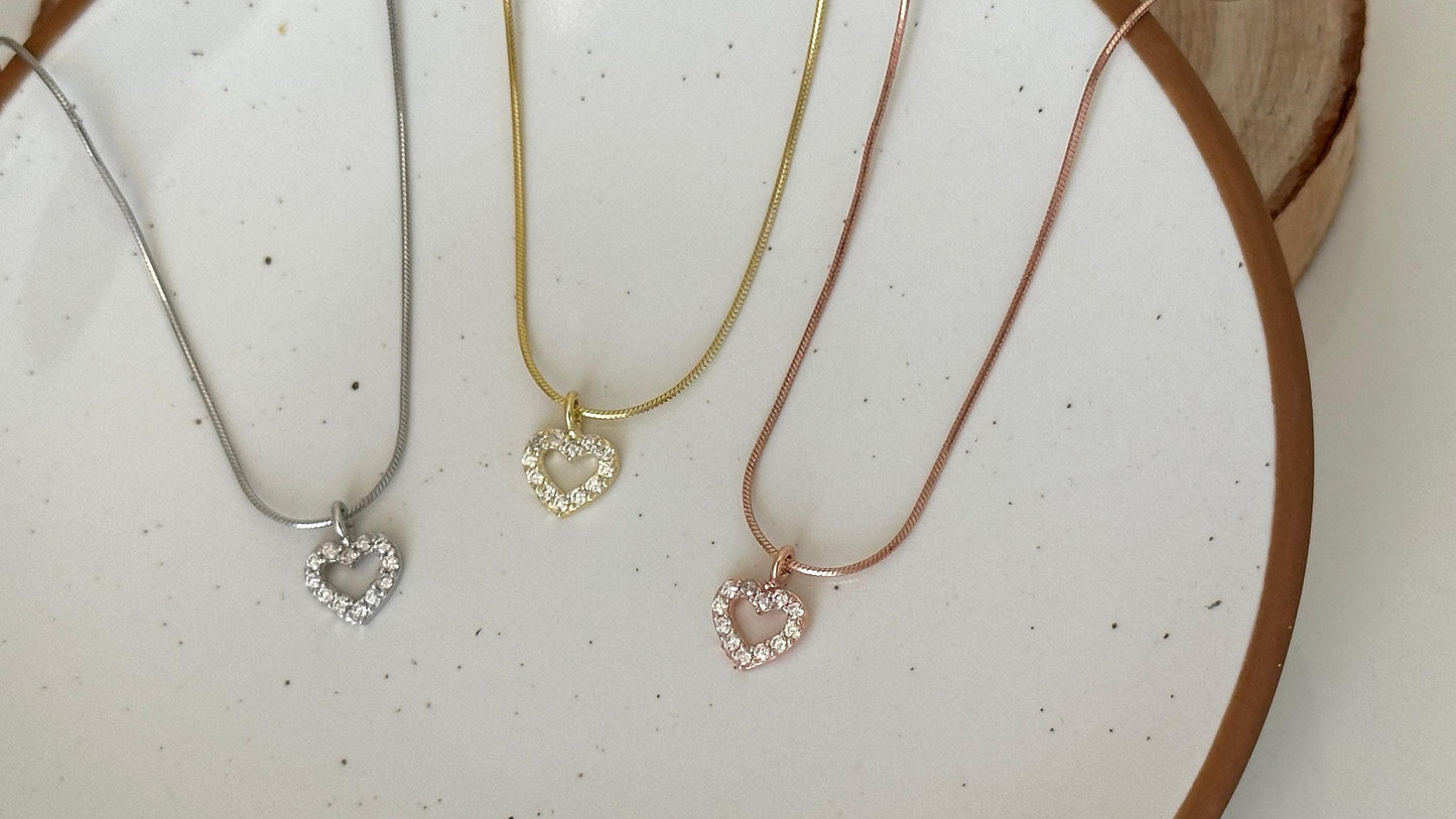 Dainty CZ diamond heart necklace on sterling silver snake chain. 14K gold or rose gold plated handmade minimalist jewelry gift for women, girlfriend, bridesmaid.
