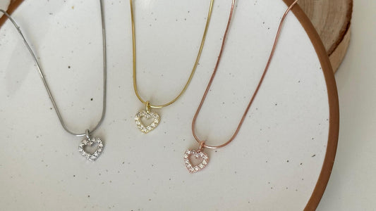Dainty CZ diamond heart necklace on sterling silver snake chain. 14K gold or rose gold plated handmade minimalist jewelry gift for women, girlfriend, bridesmaid.