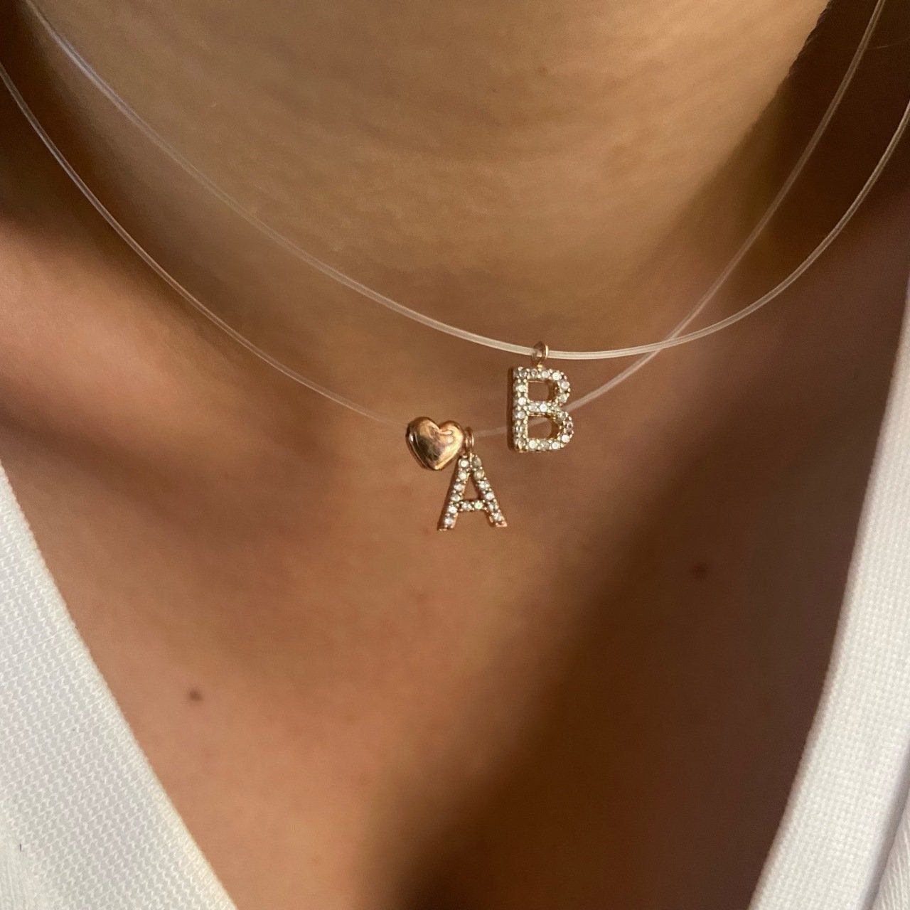 Dainty Diamond Initial Necklace: Letter Pendant, 3d Heart Charm, Clear Fishing Cord, Minimalist Jewelry