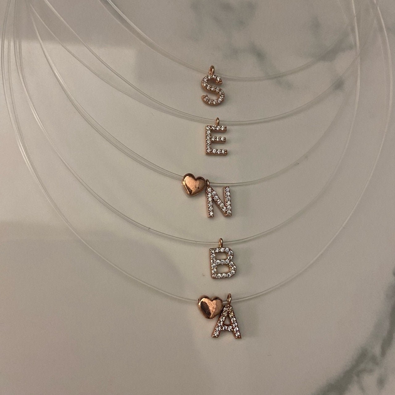 Dainty Diamond Initial Necklace: Letter Pendant, 3d Heart Charm, Clear Fishing Cord, Minimalist Jewelry