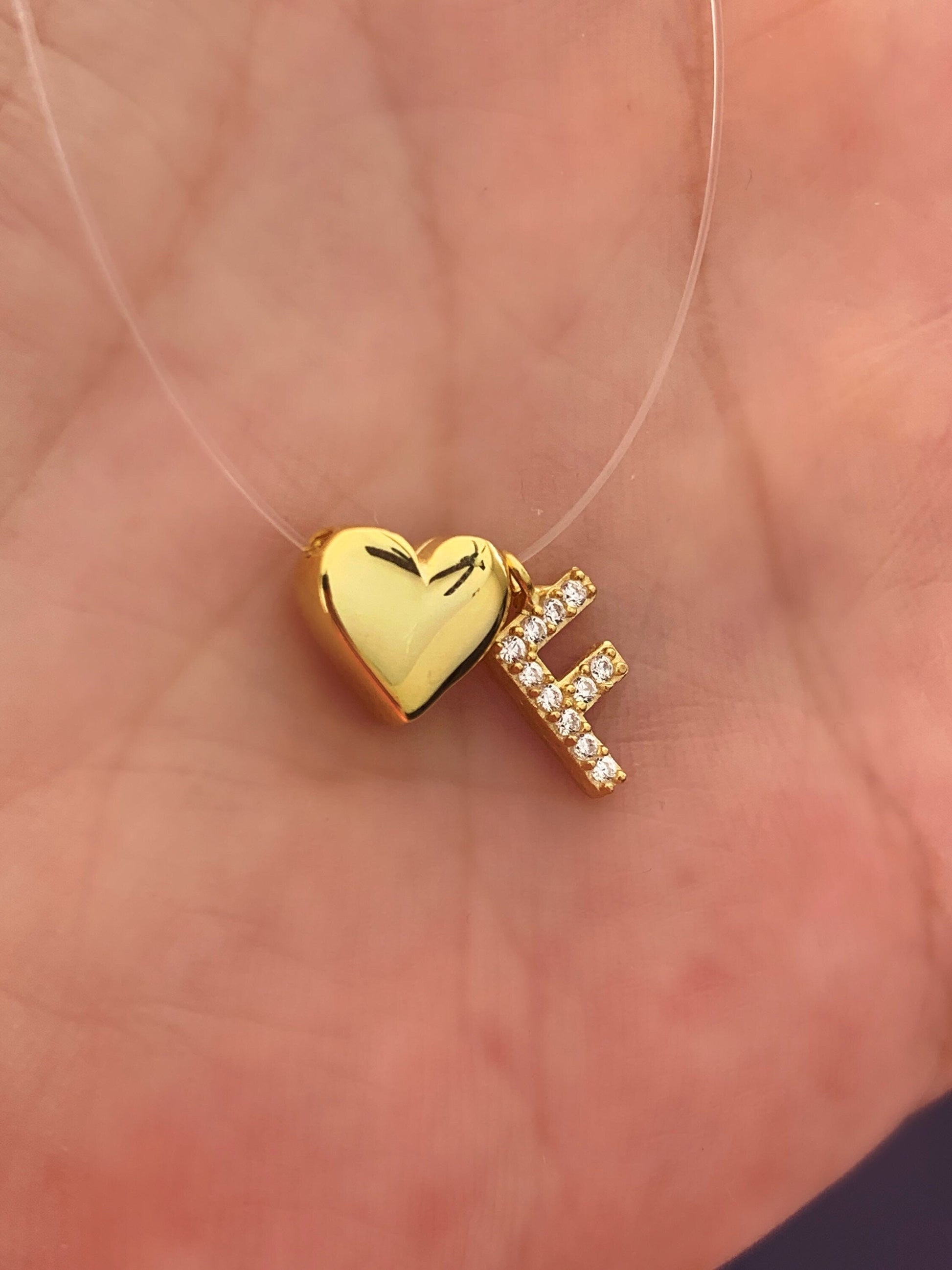 Dainty Diamond Initial Necklace: Letter Pendant, 3d Heart Charm, Clear Fishing Cord, Minimalist Jewelry