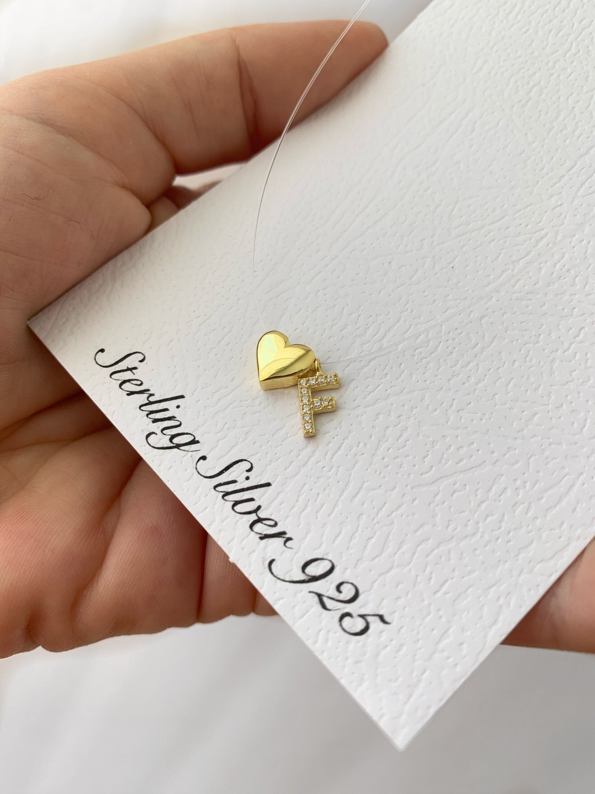 Dainty Diamond Initial Necklace: Letter Pendant, 3d Heart Charm, Clear Fishing Cord, Minimalist Jewelry