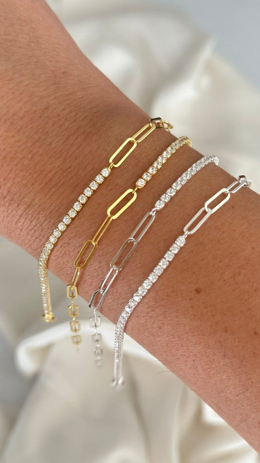 Half tennis half paperclip bracelet, CZ Tennis Bracelet, Diamond Bracelet, Link Chain Bracelet, Tennis Jewelry, 925 Sterling Silver, Gift for her