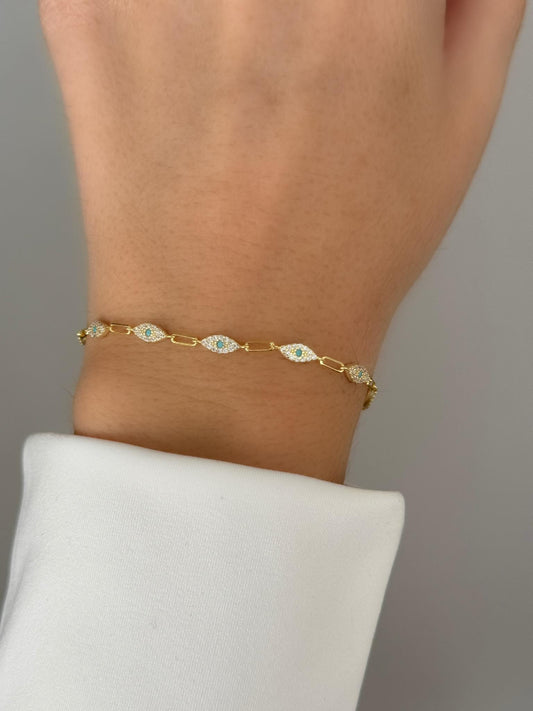 Dainty Evil Eye Bracelet with Diamonds, 14K Gold Plated Sterling Silver Protection Jewelry, CZ Gemstone Chain Bracelet Gift for Women