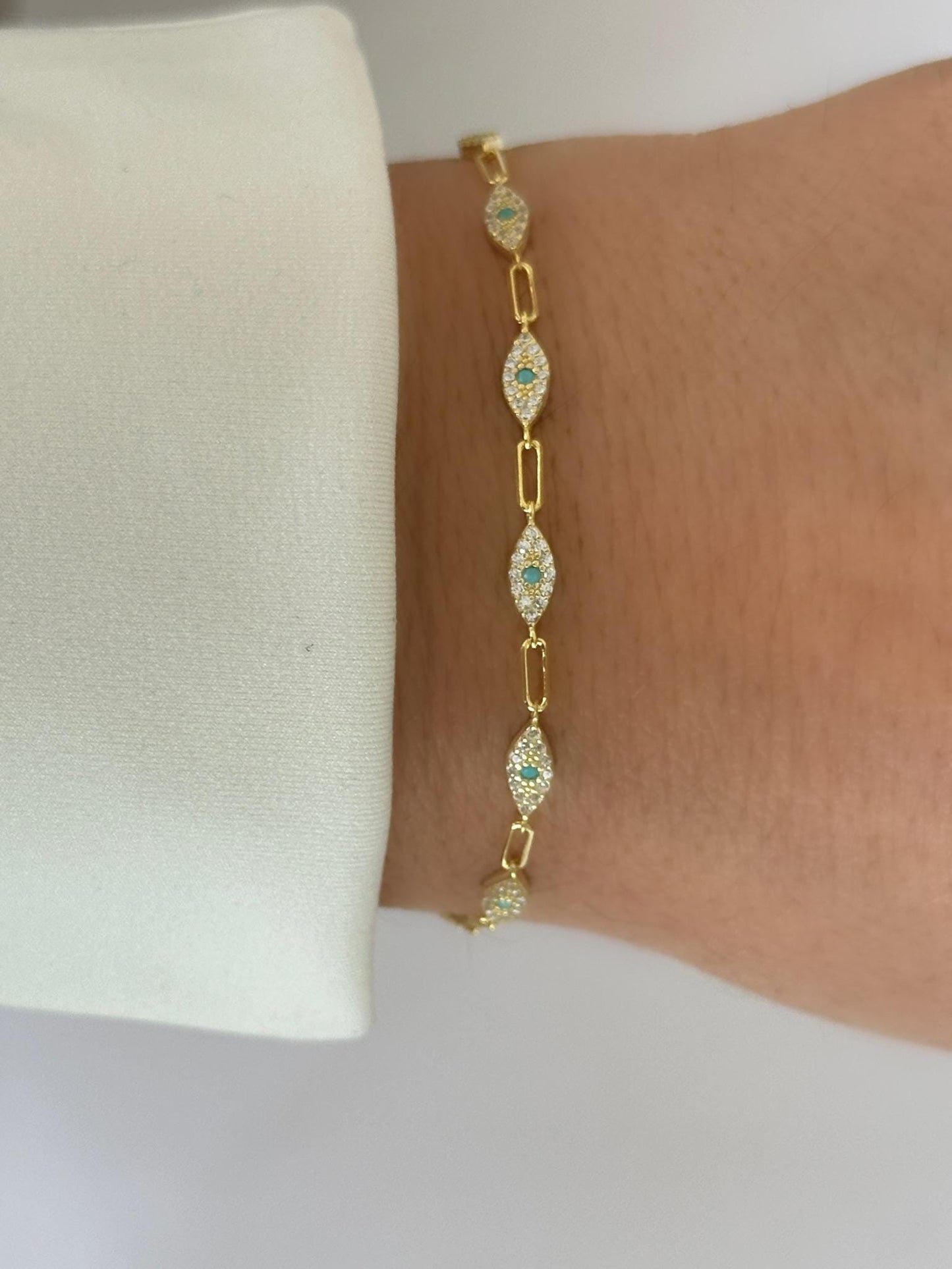 Dainty Evil Eye Bracelet: 14K Gold Plated Sterling Silver, CZ Gemstone