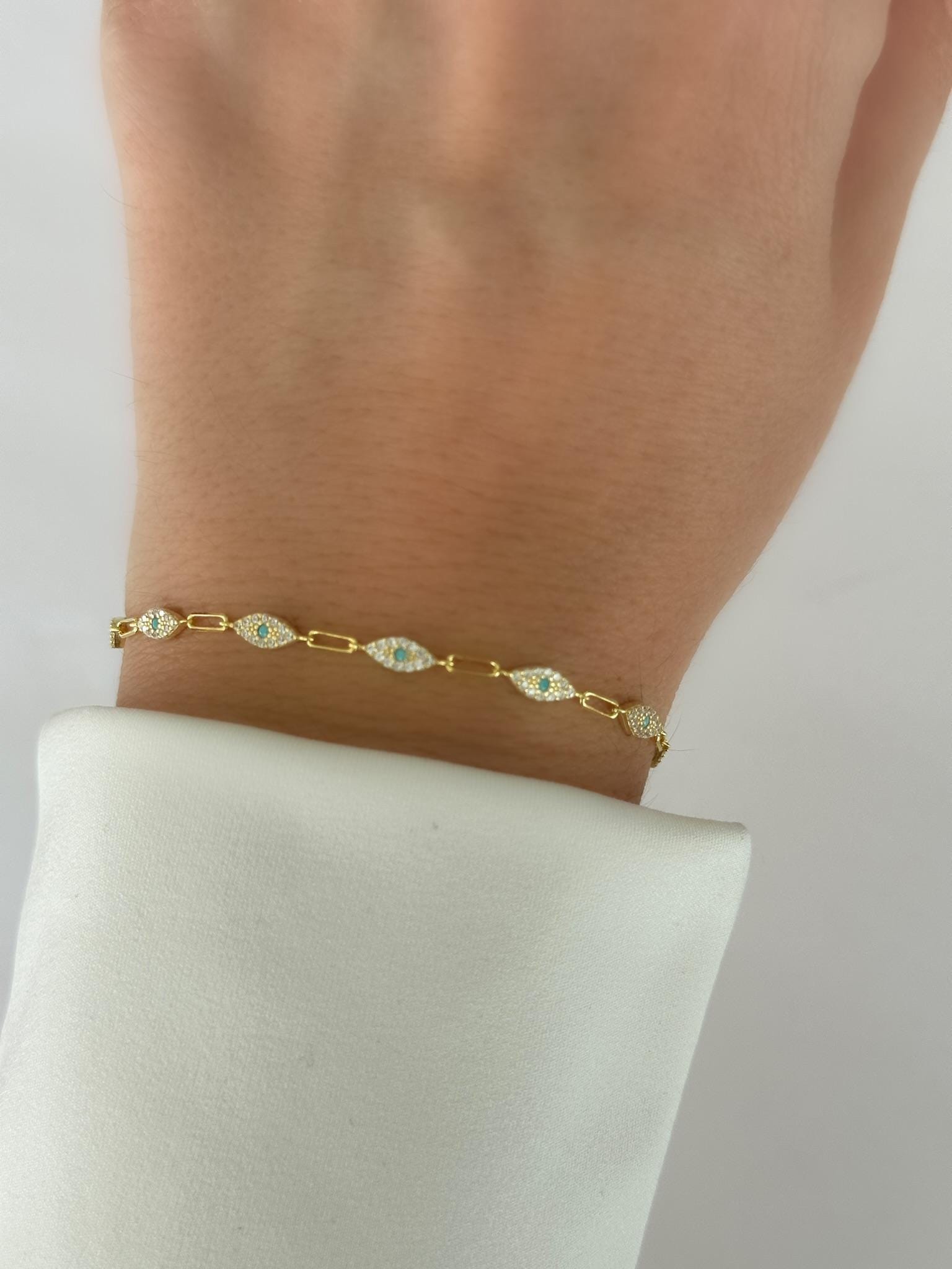 Dainty Evil Eye Bracelet: 14K Gold Plated Sterling Silver, CZ Gemstone