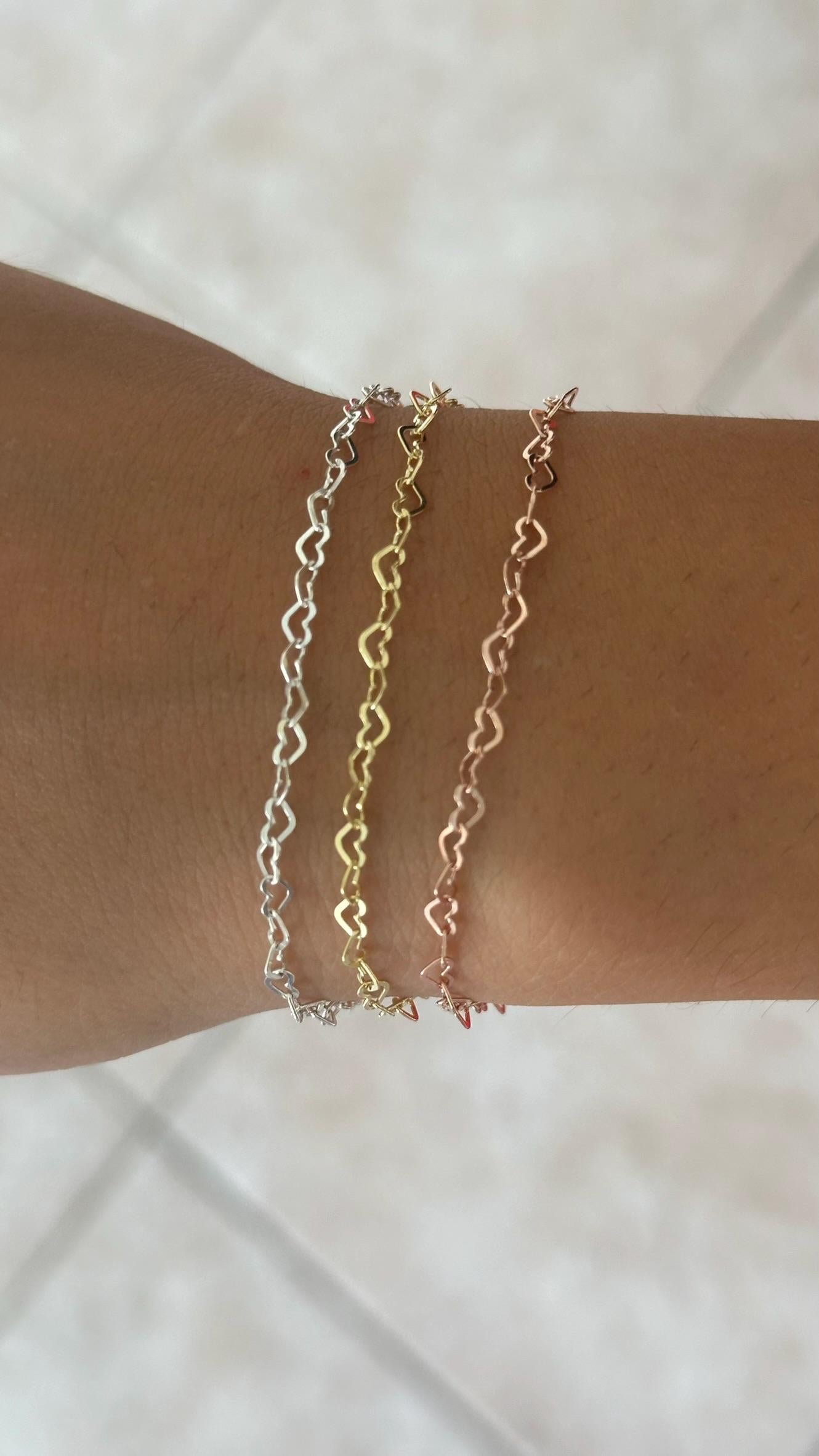 Dainty Heart Chain Bracelet, Heart Link Bracelet, Heart Bracelet, Gold Rose Silver, Love Bracelet, Minimalist Jewelry, Minimalist Bracelet, Gift for Girlfriend, Mom, Bridesmaid, sister, wife, daughter, birthday, christmas, mothers day, valentine's day, wedding, everyday, handmade jewelry, 925 sterling silver